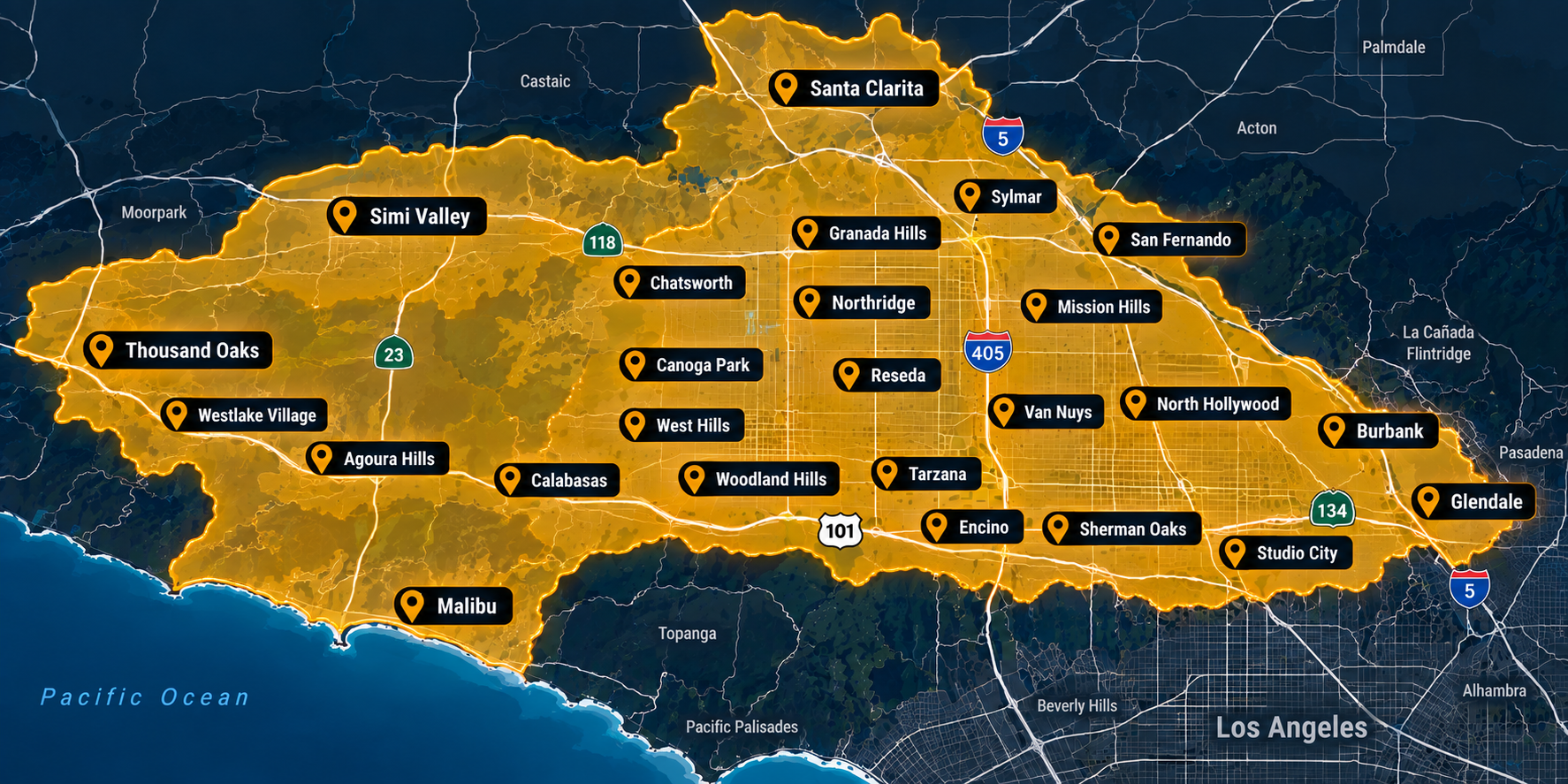 Map of the San Fernando Valley and surrounding Just Locksmith service areas