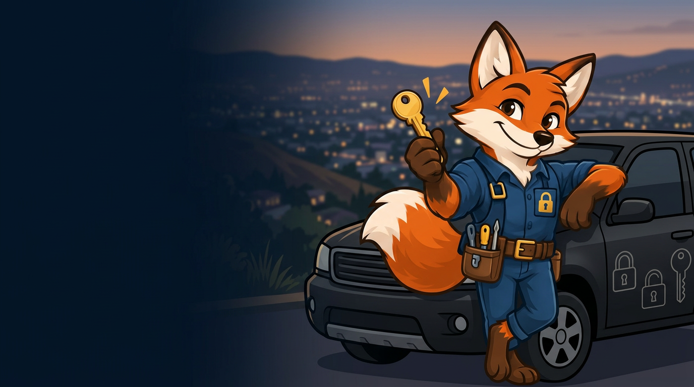 Just Locksmith fox mascot leaning on a service vehicle holding a car key above the San Fernando Valley at dusk